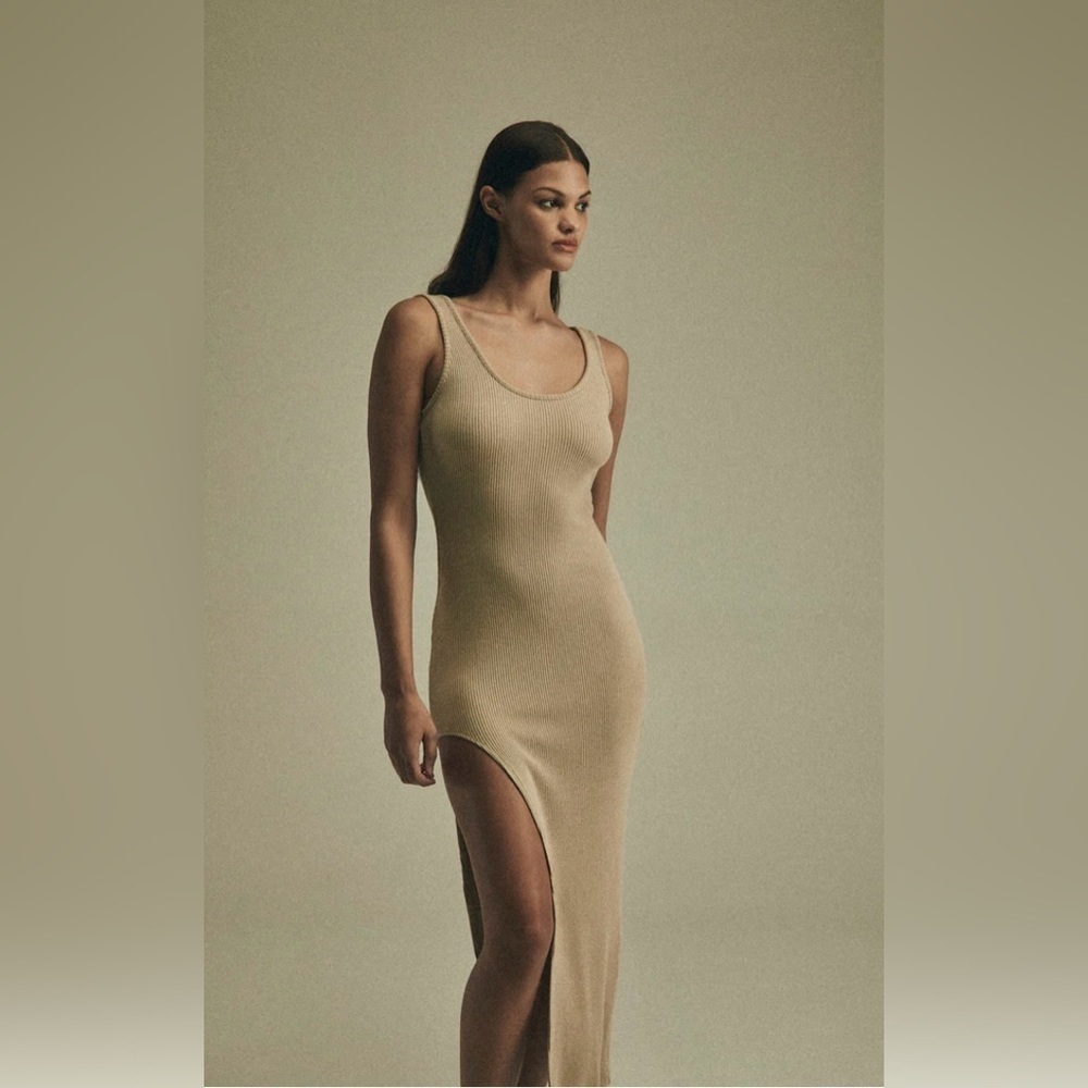 New! Anemos Open Back Tan Ribbed Maxi Tank Dress With Side Slit 🤎 XS